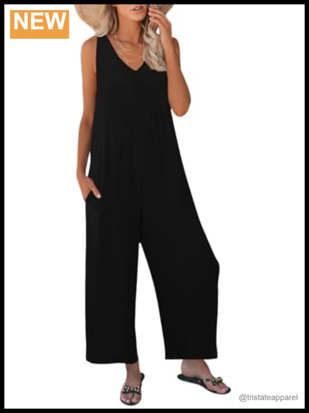 Nfsion Women's Casual Loose V Neck Sleeveless Jumpsuit with Pockets